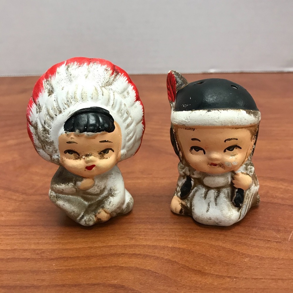 Vintage Native American Children Salt &‎ Pepper Maiden and Chief Shakers